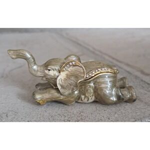 Hinged Lid Metal ELEPHANT TRINKET BOX Small Crystals 4" Long Ring Or Pill Box